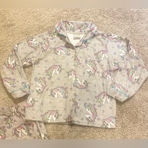 Girl's unicorn print top and bottom pajamas.  Size 7/8.  Button up top & stretch